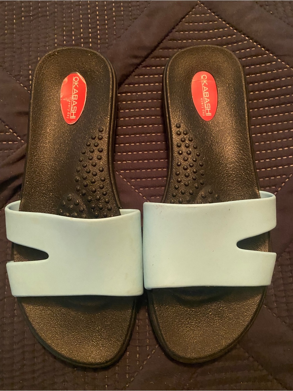 Okabashi Women's Pale Blue Slide Sandals with Black Footbed